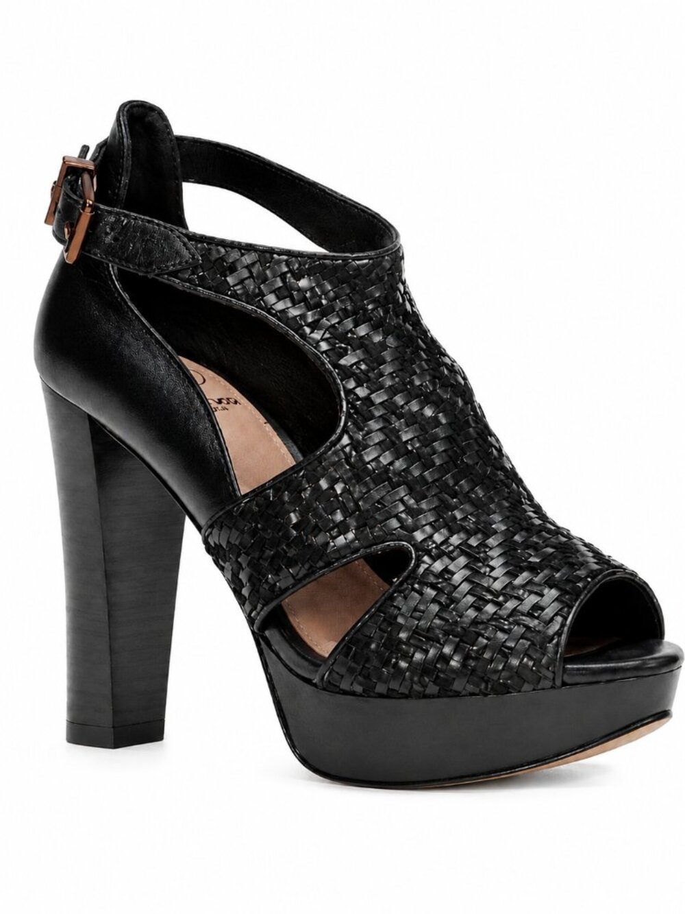 Elliott Lucca Bernadette Woven Leather T-Strap Shoes Womens 8.5 Black Block Heel